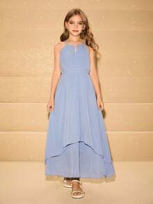 万圣节派对儿童长款雪纺公主裙、女童钢琴演奏会礼服、婚礼花童伴娘礼服 - 藍色 - 查看 3
