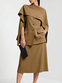 Heiryn Women's Fashion Single-Breasted Cape Blazer, Fall, Autumn, Office Wear Women - Khaki - View 1