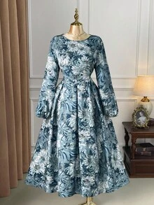 SHEIN Clasi Đầm Maxi họa tiết hoa cổ tròn tay dài cỡ lớn dành cho nữ, phong cách tối giản thanh lịch, thích hợp mặc hàng ngày, hẹn hò và dự tiệc - Nhiều màu - Xem 1