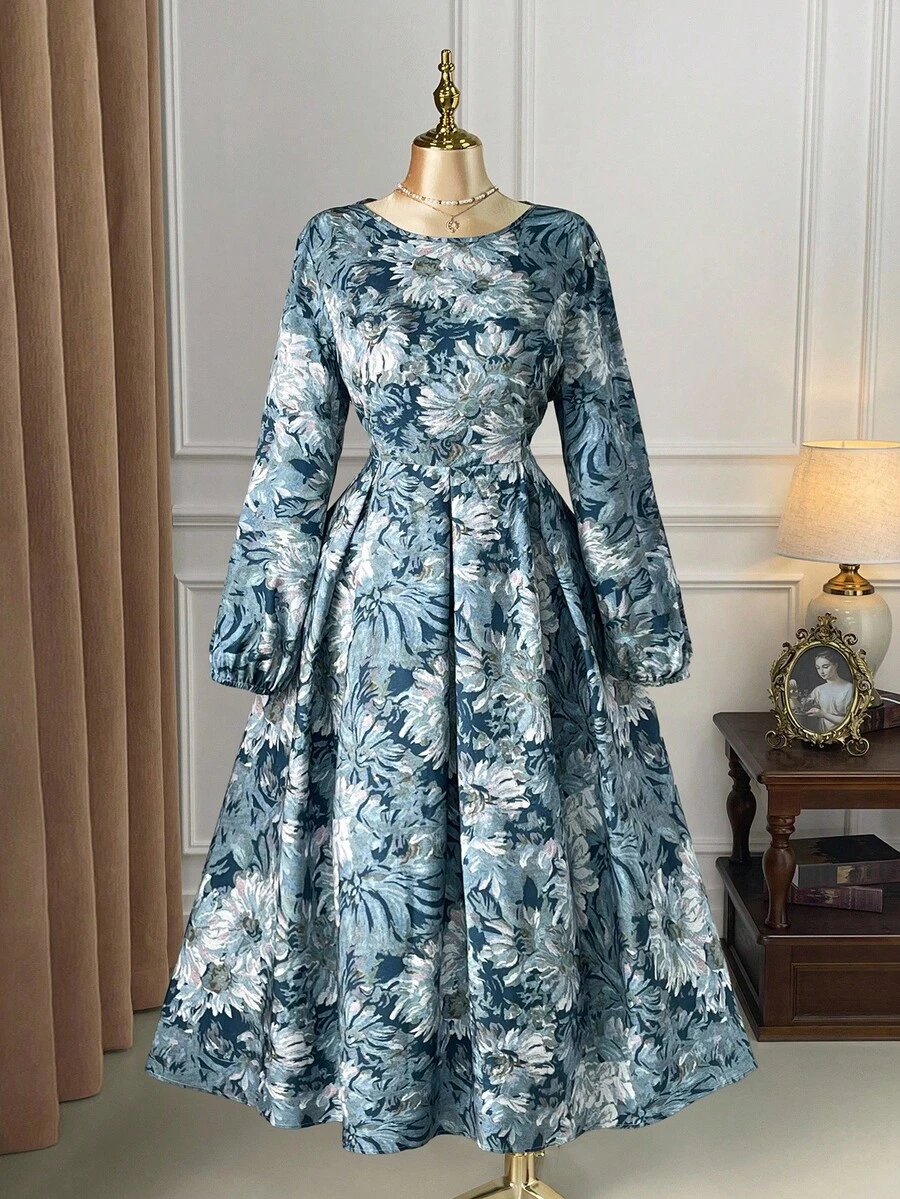 SHEIN Clasi Đầm Maxi họa tiết hoa cổ tròn tay dài cỡ lớn dành cho nữ, phong cách tối giản thanh lịch, thích hợp mặc hàng ngày, hẹn hò và dự tiệc - Nhiều màu - Xem 1