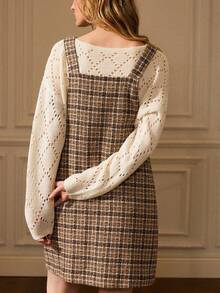 Écloséra Women's Simple Casual Brown Dress Plaid Double Pocket Wide Shoulder Strap Suspender Skirt Women's Autumn Dress For Going Out Female Country Style