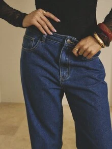 Aralina Winter / Fall Dark Wash Mid Rise Straight Leg Denim Split Hem Jeans Spring Winter Clothes Women Jeans Country Style Chic Pants For Women - Dark Wash - View 10