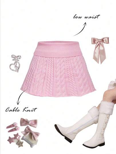 SHEIN MOD Women's Autumn Cable Cable Pattern Waist Fold Knitted Short Skirt,Halloween,Back To School,Y2k