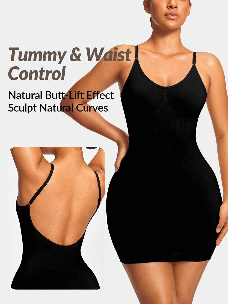 SHAPORA 纯色紧身吊带背心露背女士塑身衬裙 - 黑色 - 查看 1
