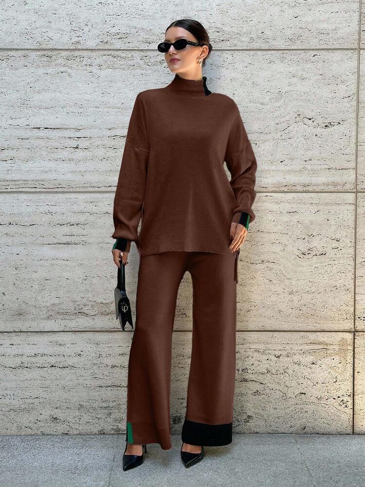 SHEIN Cottnline Women's Half Turtleneck Drop Shoulder Sweater And Knit Pants Set - Brown - View 3