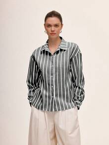 Chiquease 蓝白配色，舒适通勤休闲日常穿搭，春夏条纹衬衫女款条纹衬衫条纹上衣 - 黑色 - 查看 3