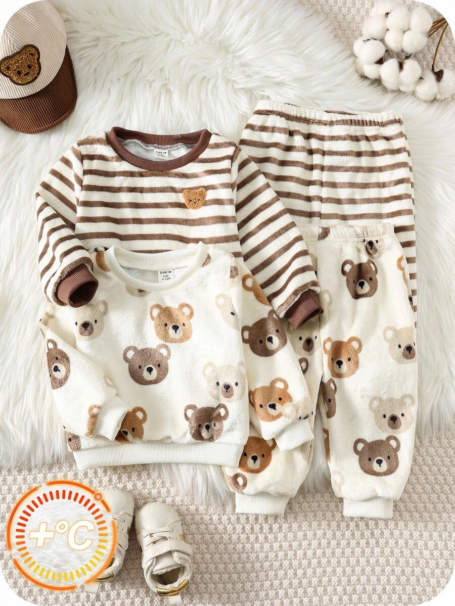 SHEIN 4pcs/Set Cute Fluffy Bear Cartoon Print Long Sleeve Thermal Unisex Baby Clothes Set Fall Winter - Multicolor - View 1