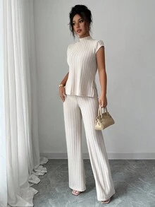 SHEIN PETITE 2件套女士休闲优雅罗纹短袖上衣和裤子套装 - 杏色 - 查看 5