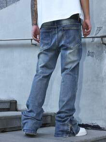 Manfinity Roughcore Quần Jeans Nam Ống Thẳng Rách Thời Trang Đường Phố Thường Ngày Quần Jeans Nam Xếp Chồng - Rửa trung bình - Xem 2