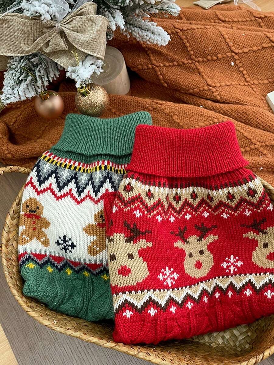 PETSIN 1 件红绿姜饼人麋鹿圣诞宠物毛衣小狗衣服小型犬和猫冬季保暖 - 彩色 - 查看 1