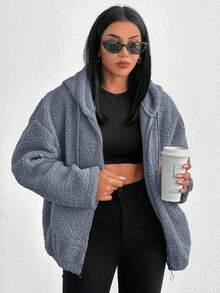EURMUSE 100%Cotton Zip Up Drop Shoulder Hooded Teddy Jacket Fleece - Blue - View 3