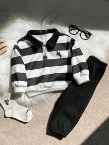 SHEIN 2件套男/女童休闲可爱撞色Polo领长袖卫衣和裤子两件套，适合秋冬季节。男童两件套条纹Polo衫套装，男童两件套服装，男童休闲套装，长袖男童服装，3岁男童服装，男童运动服秋季服装。 - 彩色 - 查看 4