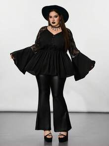 SHEIN CURVE+ Plus-Size Women's Black Long-Sleeved Lace-Spliced Solid-Color Top, Black Shirt/Autumn /Winter Halloween - Black - View 4