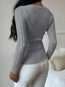 SHEIN EZwear 女式卡通熊刺绣扭纹针织 V 领长袖修身毛衣，秋冬女式毛衣套头衫针织上衣，秋季 - 灰色 - 查看 2