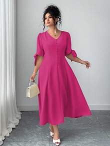 Elenzga Plus Size Solid Color V-Neck Bow Elegant Dress - Hot Pink - View 5