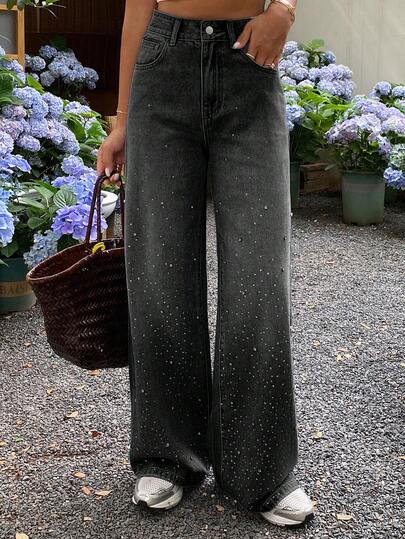 DAZY Women's Regular Waist Rhinestone Decor Loose Casual Jeans, Street Style