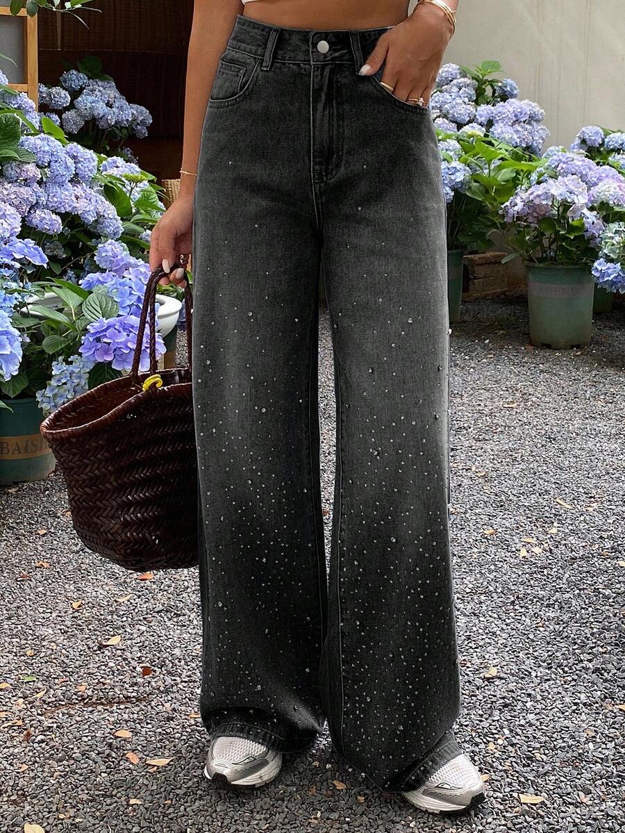 DAZY 女式常规腰部水钻装饰宽松休闲牛仔裤，街头风格 - 黑色 - 查看 1