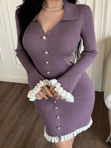 Váy ngắn dệt kim thanh lịch ôm sát màu sắc, váy len thu đông dành cho nữ - Màu tím hoa cà - Xem 2
