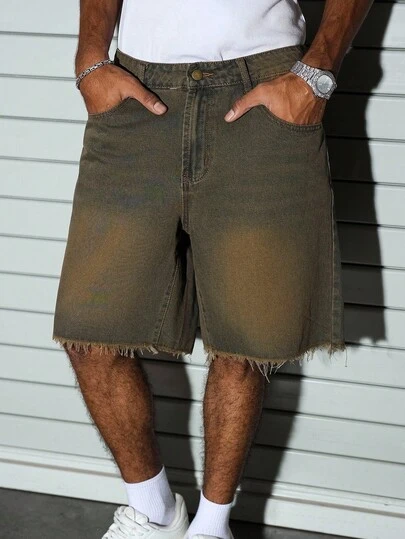 PAVTROS 男士纯色磨边口袋宽松休闲牛仔短裤