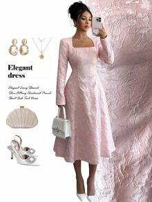 Elenzga Women's Pink Jacquard Textured Fabric Square Neck Waist Cinching A-Line Midi Dress, Elegant And Sophisticated, Suitable For Birthday, Date, Party, Concert, Christmas Eve, Christmas, Autumn/Winter - Pink - View 4