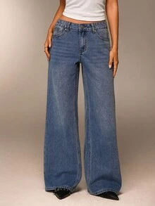 SHEIN Forever 21 春夏女士浪漫/舞会/正式/生日/90 年代/商务休闲/优雅/西部装/外出/时尚/休闲/Y2K 服装/俱乐部/办公室/鸡尾酒会/复古/紧身/狂欢装/搞笑/优雅/老钱/街头服饰/度假/乡村音乐会/工作/端庄/春假/单身女郎装/音乐会/坏人/基本款/毕业/蓝色水洗/低腰/宽松/直筒/阔腿/牛仔装/牛仔裤 - 藍色 - 查看 4