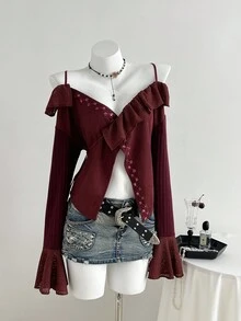 SHEIN Unity Weinrote Bluse mit Blumen-Spitze, Bindeband, Carmen-Ausschnitt und weiten Ärmeln für Damen