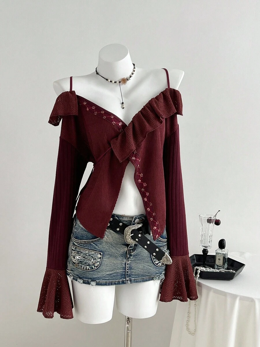 SHEIN Unity Weinrote Bluse mit Blumen-Spitze, Bindeband, Carmen-Ausschnitt und weiten Ärmeln für Damen