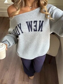 SHEIN Teen Girls Off-Shoulder Letter Print Sweatshirt And Flare Leg Pants Set, Autumn/Winter Outfit Fall - Multicolor - View 4