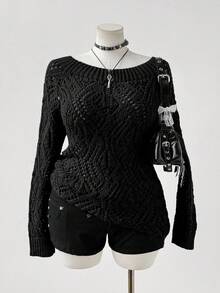 Lyrianda Áo len chui đầu dệt kim họa tiết chấm bi cỡ lớn dành cho nữ, thích hợp cho mùa xuân, hè, thu và các kỳ nghỉ. - màu đen - Xem 4