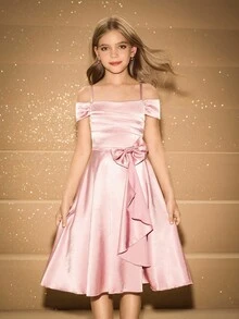 女孩优雅奢华粉色圆领蝴蝶结前中长款派对礼服，适合晚会、婚礼、花童、节日、生日、返校、毕业典礼、圣诞节、万圣节等场合 - 粉色 - 查看 5