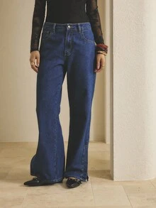 Aralina Winter / Fall Dark Wash Mid Rise Straight Leg Denim Split Hem Jeans Spring Winter Clothes Women Jeans Country Style Chic Pants For Women - Dark Wash - View 6