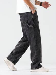 Manfinity Hypemode 男士休闲日常斜口袋宽松直筒牛仔裤 - 灰色 - 查看 6