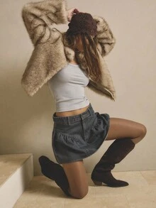 Aralina Váy ngắn denim đen sẫm xếp ly và nhún bèo dáng chữ A cạp vừa mùa đông/thu, trang phục cao bồi, váy phong cách Stockholm và đồng quê cho nữ - màu đen - Xem 7