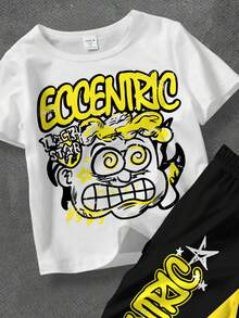 SHEIN 2 Stücke Baby Jungen Lässig Cartoon Muster Kurzarm Top und weite Hose Strick Set, geeignet für den Sommer