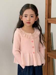 Dazy Kids Young Girl Casual Solid Color Ruffle Trim Cardigan - Pink - View 4