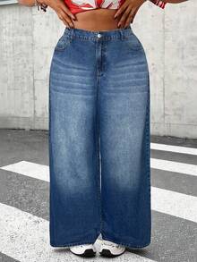 SHEIN Tall CURVE 大尺碼女款休閒賽車風 1960s 寬鬆寬腿牛仔褲，鈕扣與鬆緊腰設計，時尚週淺藍色，適合夏季正式場合與約會之夜 - 中等水洗藍 - 查看 3