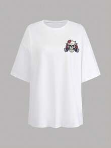 INAWLY T-shirt ample col rond pour femmes grandes tailles avec lettre et graphique tête de mort, manches tombantes et style décontracté - Blanc - Voir 3