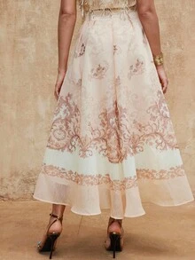 Lumalex VITNOS New Spring Collection, Luxury Vintage-Inspired Floral Border Print High-Waist Maxi Skirt – Lightweight Sheer Chiffon, Soft A-Line Silhouette, Elegant Flowing Hem, Summer Resort & Occasion Wear, New Year Glamour, Brown Skit, Elegant For Parties, New Year Parties, Holiday Party Guide, Elegant Skirt - Multicolor - View 3