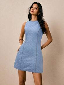 Vintamour 女式蓝色圆领无袖菱形图案修身牛仔连衣裙 - 淺色水洗藍 - 查看 3
