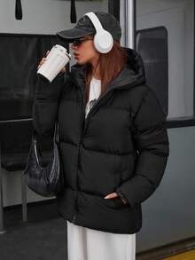 EURMUSE Einfarbiger, reißverschlussbestückter, gepolsterter Mantel mit Kapuze und langen Ärmeln, Winter - Schwarz - Übersicht 4