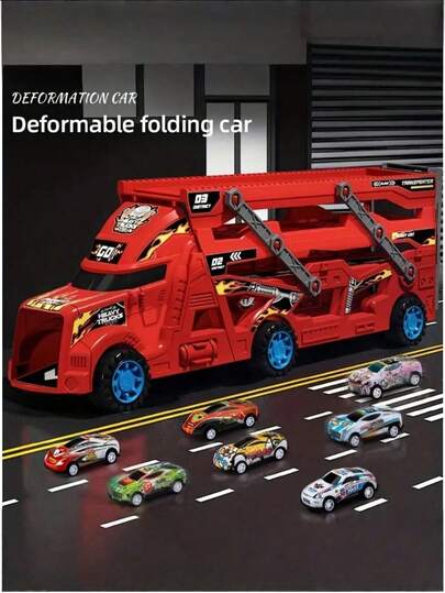 Foldable Stunt Launcher Car Toy - Inertia Powered Construction Truck With 8 Random Mini Vehicles, Gift For Boys Girls Age 3-6 Years Old