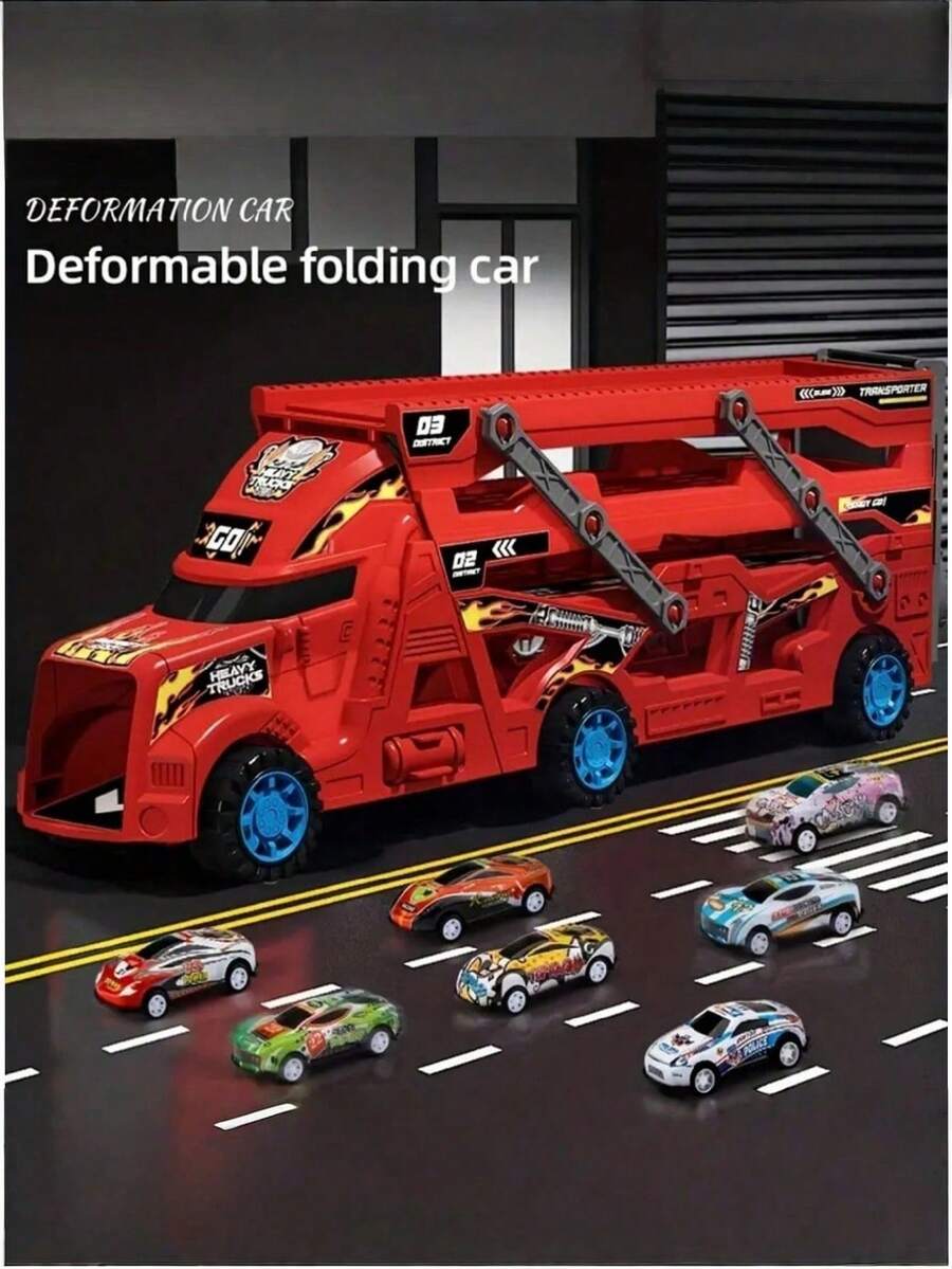 Foldable Stunt Launcher Car Toy - Inertia Powered Construction Truck With 8 Random Mini Vehicles, Gift For Boys Girls Age 3-6 Years Old