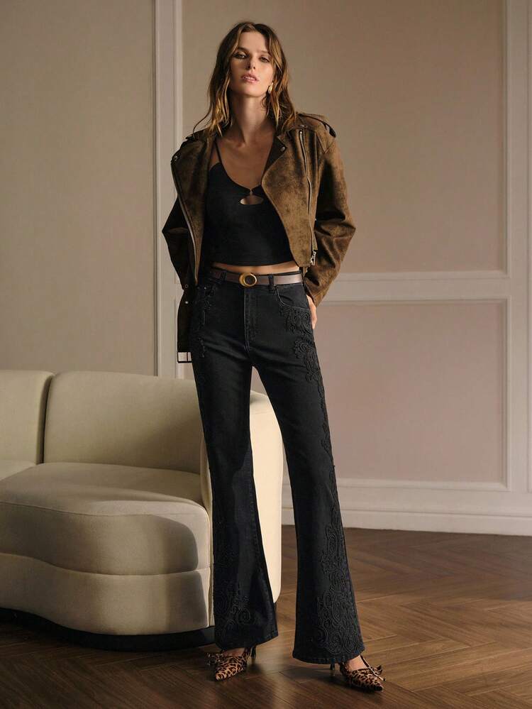 SOLID PLANTS PATTERN FLARE LEG JEANS WITHOUT BELT , FALL WINTER