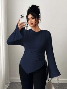 Elenzga Plus Size Women's Soft & Cozy Long Sleeve Apricot T-Shirt, Asymmetrical Hem, Suitable For Commuting & Dating, Autumn/Winter - Navy Blue - View 1