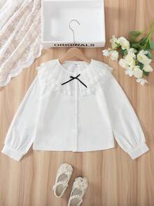 1pc Girls' White Large Lapel Pleated Double-Layer Lace Ruffle Collar Button Front Bow Cuff Lantern Sleeve Elegant Princess Blouse, Spring/Autumn (Sibling Outfits Matching Outfits, 2 Pieces Sold Separately)