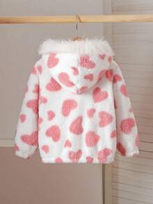 SHEIN 少女可爱毛绒心形图案夹克，秋冬 - 白色 - 查看 2
