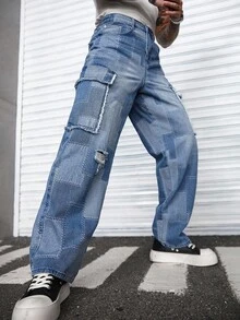 Manfinity Roughcore Men's Personalized Street Retro Loose Blue Mosaic Plaid Raw Edge Patch Large Pocket Jeans, Suitable For Parties And Work, Emo Style - Blue - View 4
