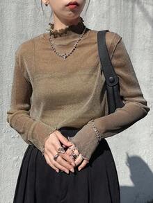 FRIFUL 女式网眼高领透明衬衫，夏季长袖上衣 - 橄欖綠 - 查看 3