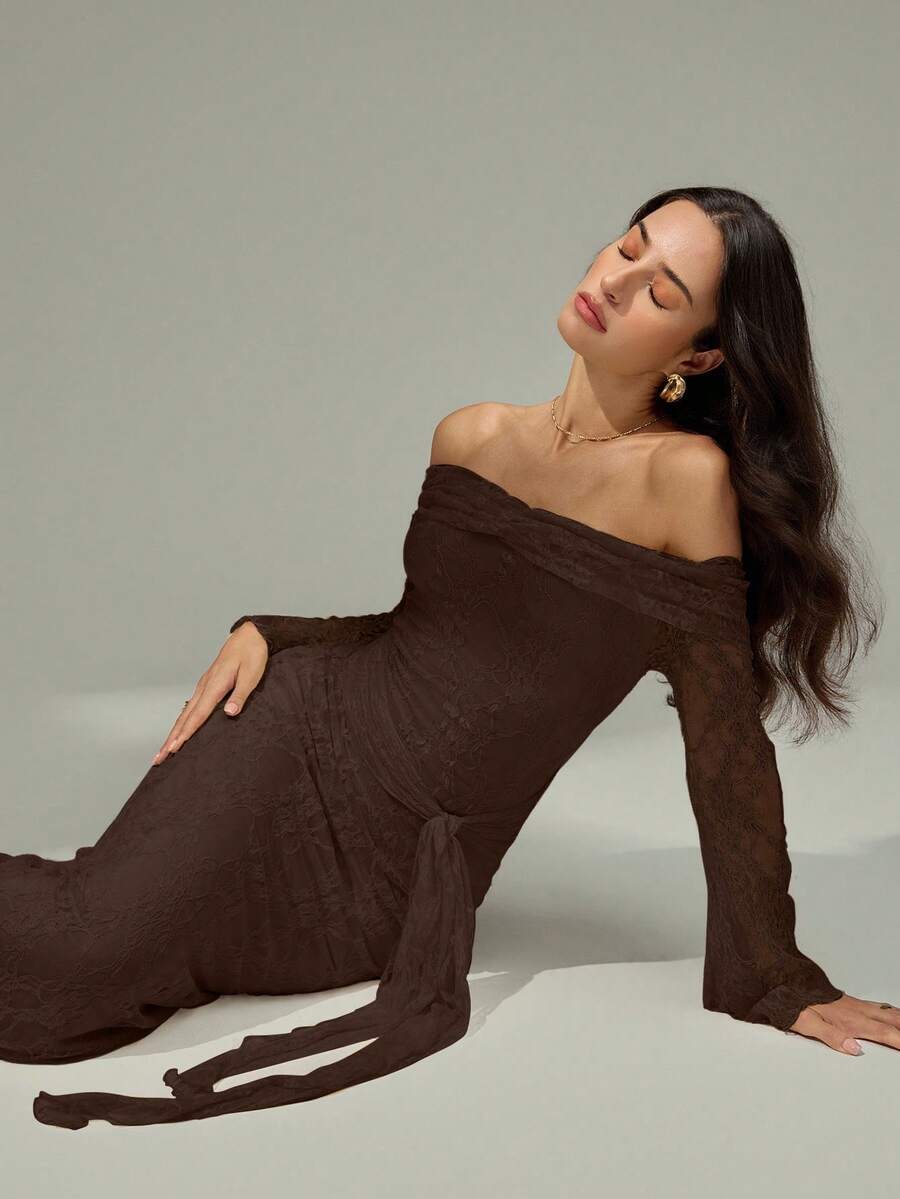 Modelyn Đầm dài tay trễ vai thời trang đi nghỉ thường ngày cho nữ - màu nâu - Xem 1