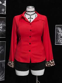 Sunspun Plus Size Sexy Leopard Print Contrast Color Fitted Shirt